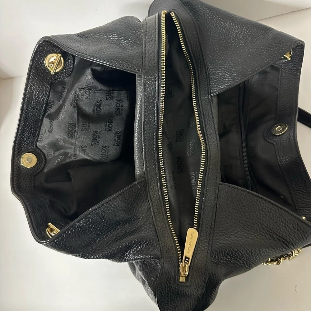 Michael Kors Black Slouchy Pebbled Leather Shoulder Bag with Gold Chain